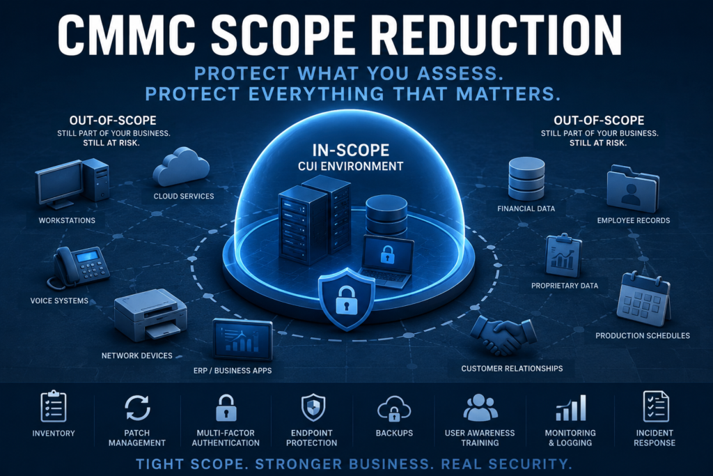 Hero graphic showing a secure in-scope CUI enclave protected at the center of a business network, surrounded by out-of-scope systems like workstations, cloud services, ERP applications, and employee records, illustrating that CMMC scope reduction does not eliminate cybersecurity risk.