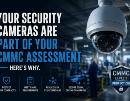 Network-connected security camera installed in a defense manufacturing facility.
