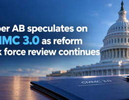 U.S. Capitol dome at dusk beside a navy folder labeled “CMMC 3.0” with a pen resting on it, under the headline “Cyber AB speculates on CMMC 3.0 as reform task force review continue