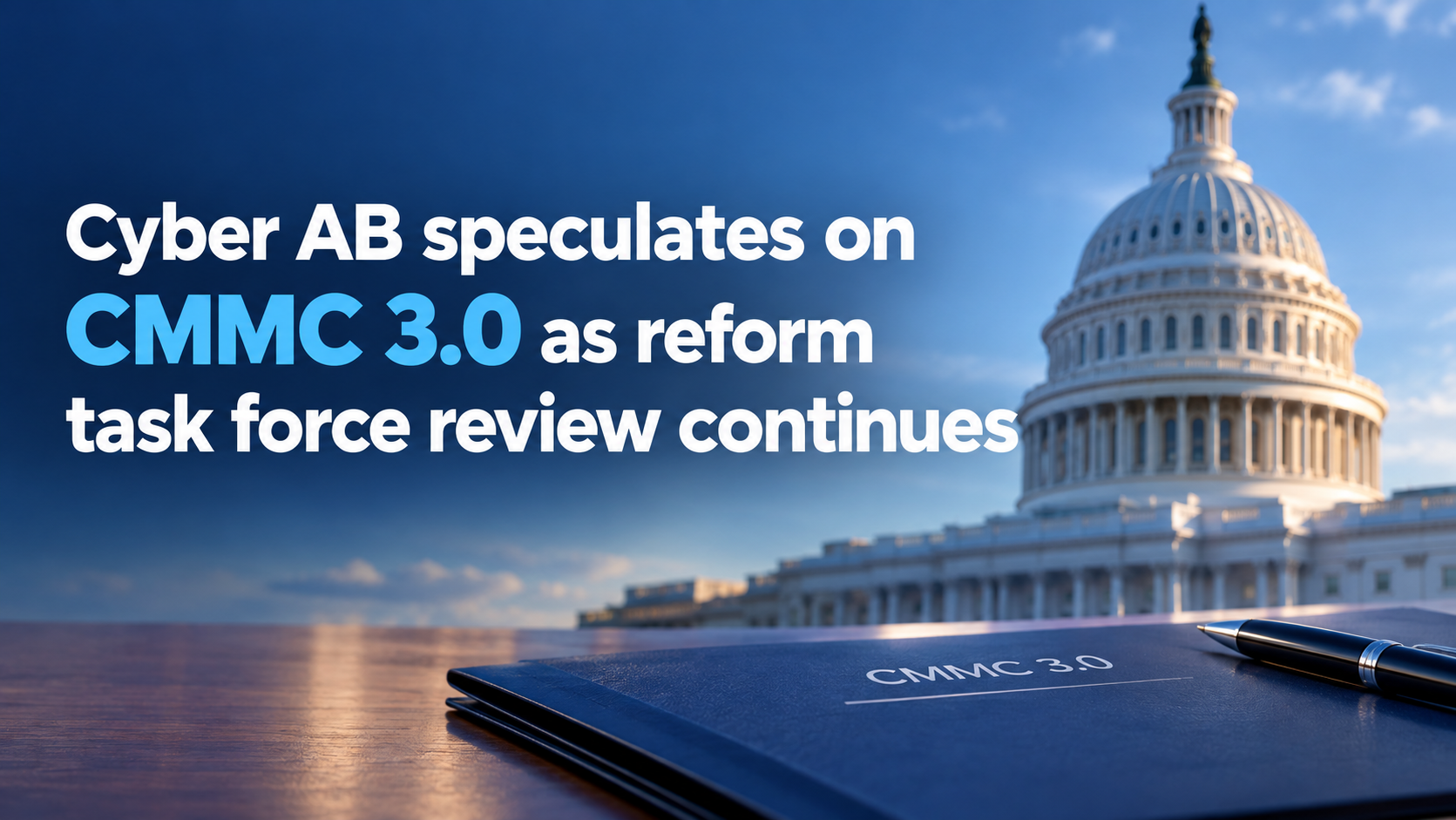 U.S. Capitol dome at dusk beside a navy folder labeled “CMMC 3.0” with a pen resting on it, under the headline “Cyber AB speculates on CMMC 3.0 as reform task force review continue